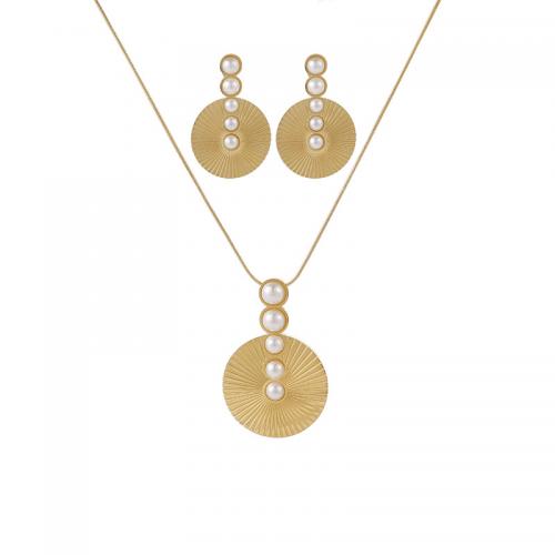Titanio conjunto de joyas de acero, Partículas de acero, con Perlas plásticas, con 5cm extender cadena, 18K chapado en oro, Joyería & para mujer, dorado, longitud:aproximado 40 cm, Vendido por UD[