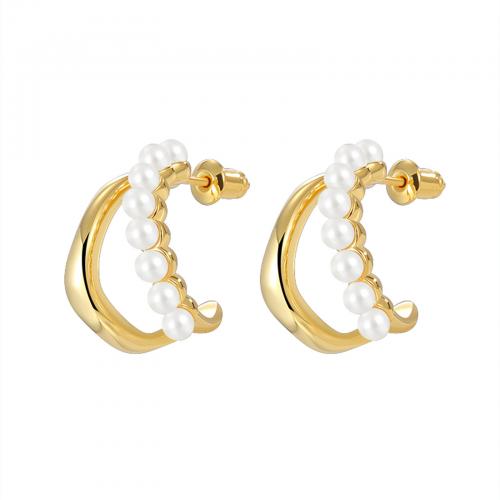 Brass Stud Earring, with Plastic Pearl, fashion jewelry & for woman 