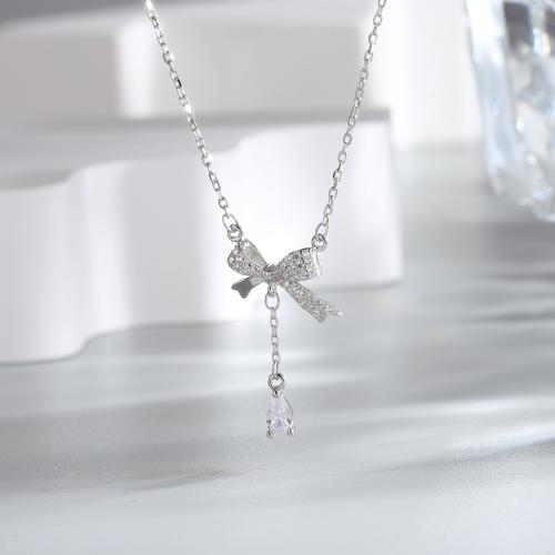 Cubic Zircon Micro Pave Sterling Silver Necklace, 925 Sterling Silver, Bowknot, fashion jewelry & micro pave cubic zirconia & for woman Approx 40-45 cm 