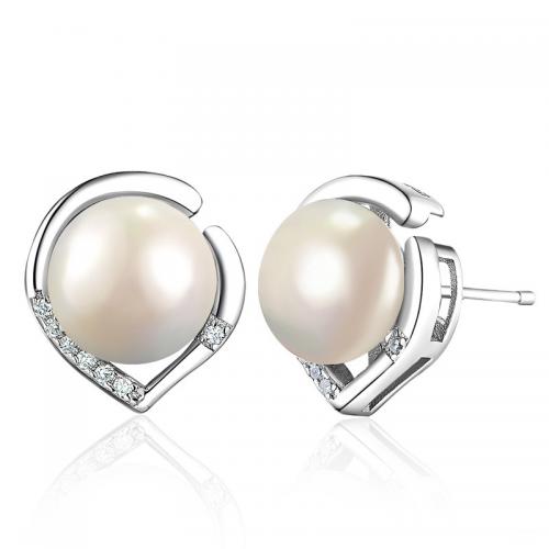 Sterling Silver Natural Pearl Stud Earring, 925 Sterling Silver, with Freshwater Pearl, polished, fashion jewelry & micro pave cubic zirconia & for woman 