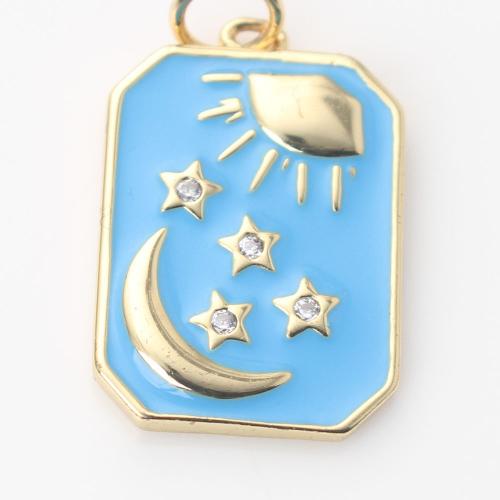 Enamel Brass Pendants, Square, gold color plated, DIY & micro pave cubic zirconia, blue 