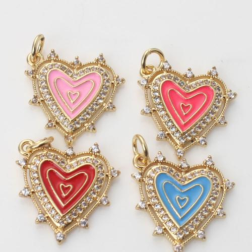 Enamel Brass Pendants, Heart, gold color plated, DIY & micro pave cubic zirconia 