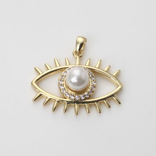 Cubic Zirconia Micro Pave Brass Pendant, with Plastic Pearl, gold color plated, DIY & hollow [