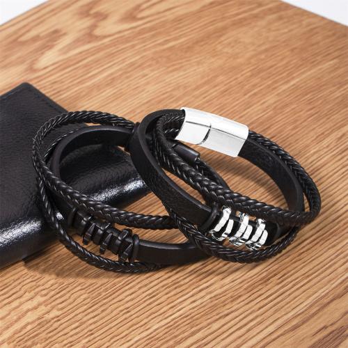 PU Leather Cord Bracelets, with Zinc Alloy, three layers & fashion jewelry & for man Approx 21 cm 