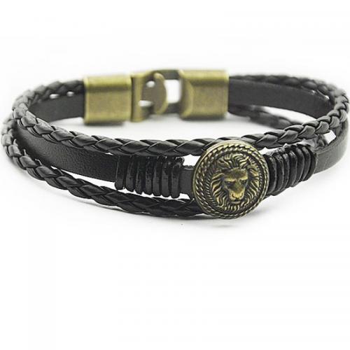 PU Leather Cord Bracelets, with Zinc Alloy, three layers & fashion jewelry & for man, black Approx 22 cm 