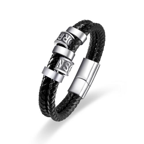 Cowhide Bracelets, with 304 Stainless Steel, Double Layer & fashion jewelry & for man, silver color Approx 21 cm 