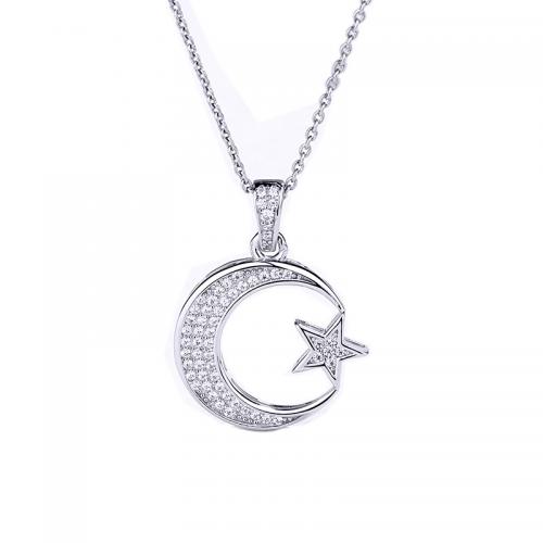 Cubic Zirconia Micro Pave Sterling Silver Necklace, 925 Sterling Silver, Moon and Star, plated & micro pave cubic zirconia & for woman 