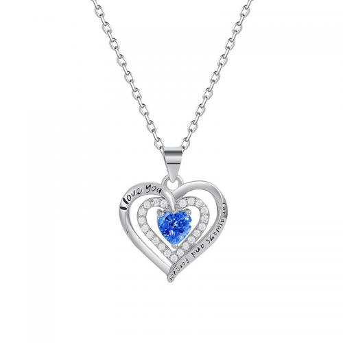 Cubic Zircon Micro Pave Sterling Silver Necklace, 925 Sterling Silver, Heart, platinum plated & for woman & with rhinestone & hollow 