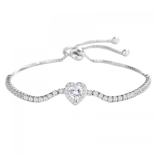 925 Sterling Silver Bracelet, Heart, platinum plated, micro pave cubic zirconia & for woman Approx 9.8 Inch 