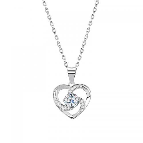 Cubic Zirconia Micro Pave Sterling Silver Necklace, 925 Sterling Silver, Heart, platinum plated & micro pave cubic zirconia & for woman & hollow 