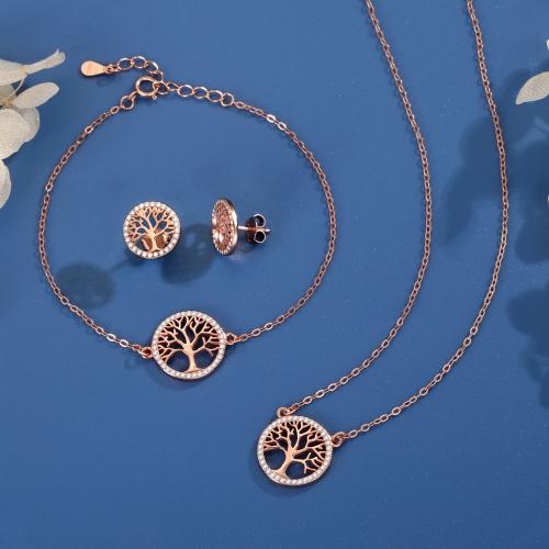 925 Sterling Silver Jewelry Set, Tree, rose gold color plated & micro pave cubic zirconia & for woman & hollow 