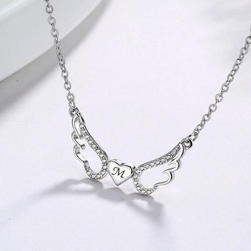 925 Sterling Silver Necklace, with 1.2inch extender chain, Angel Wing, plated, cross chain & Mother Day Jewelry & micro pave cubic zirconia & for woman & hollow Approx 16.5 Inch 
