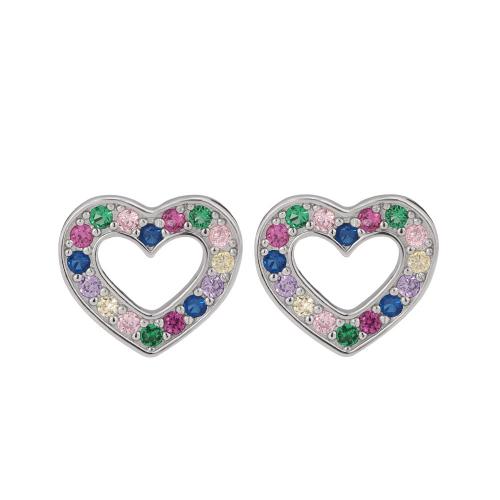 925 Sterling Silver Stud Earring, Heart, platinum plated, micro pave cubic zirconia & for woman & hollow 