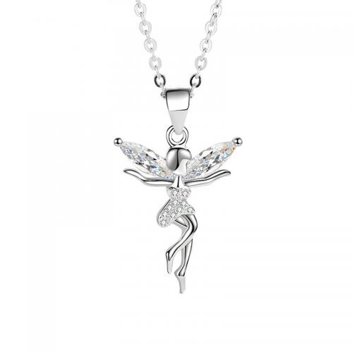 925 Sterling Silver Necklace, Dancing Girl, platinum plated, micro pave cubic zirconia & for woman Approx 16.5 Inch 
