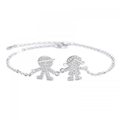 925 Sterling Silver Bracelet, with 1.2inch extender chain, Character, platinum plated, for woman & with rhinestone Approx 6.7 Inch 
