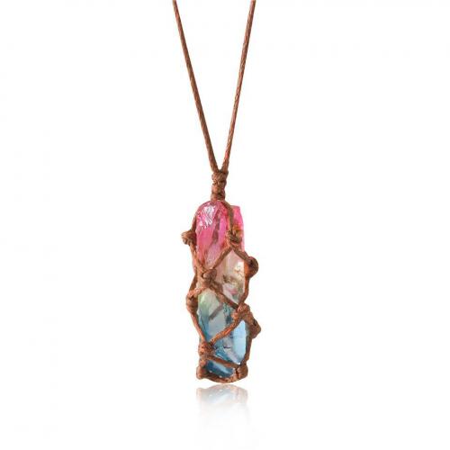 Quartz Necklace, Synthetic Leather, with Rainbow Quartz, handmade, Unisex Approx 50 cm 