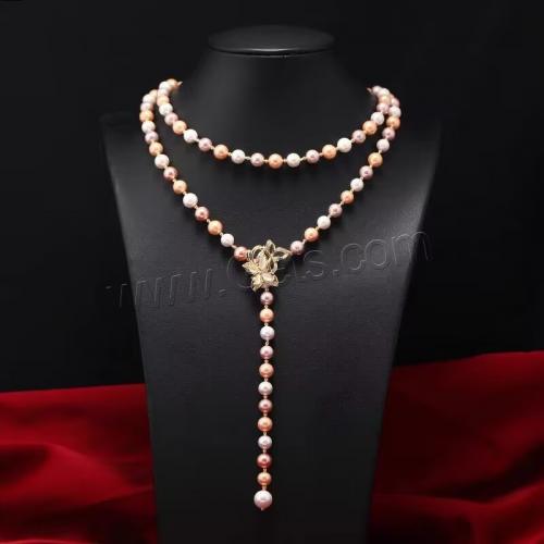 Freshwater Pearl Sweater Chain Necklace, with Zinc Alloy, Butterfly, gold color plated, fashion jewelry & for woman, mixed colors, 8mm Approx 80 cm 