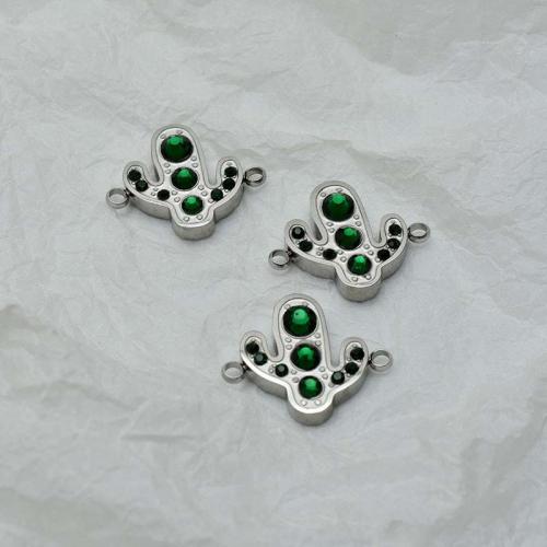 Stainless Steel Charm Connector, 304 Stainless Steel, Opuntia Stricta, fashion jewelry & DIY & with rhinestone & 1/1 loop, green 