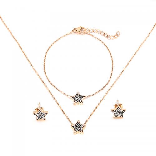 Rhinestone stainless steel Jewelry Set, 304 Stainless Steel, Star & for woman & with rhinestone, rose gold color [