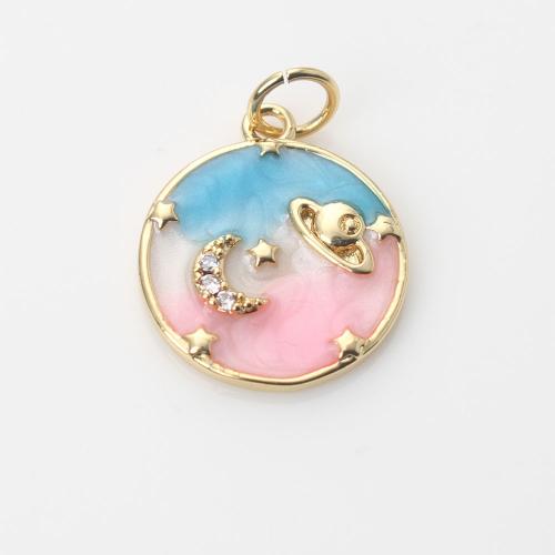 Enamel Brass Pendants, Round, gold color plated, DIY & micro pave cubic zirconia, pink [