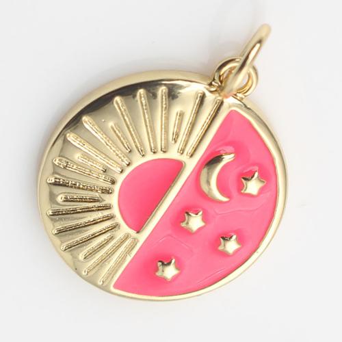 Enamel Brass Pendants, Round, gold color plated, DIY, red 