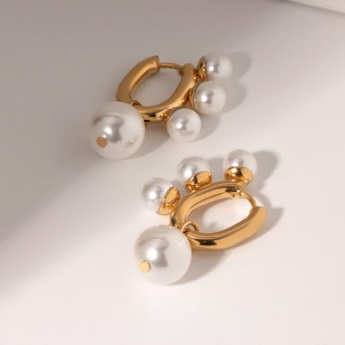 Boucle d'oreille goutte inox, Acier inoxydable 304, avec Plastique ABS perle, Placage, bijoux de mode, doré, Vendu par paire