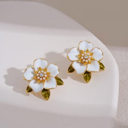 Zinc Alloy Rhinestone Stud Earring, Flower, plated, fashion jewelry & with rhinestone, golden 