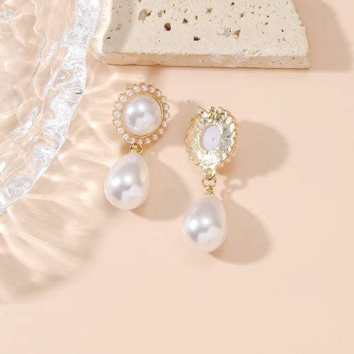 Boucle d'oreille en alliage de zinc en plastique perle, avec perle de plastique, larme, plaqué de couleur d'or KC, bijoux de mode & pour femme, blanc Vendu par paire