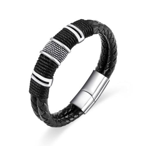 PU Leather Cord Bracelets, Cowhide, with 304 Stainless Steel, fashion jewelry & for man, silver color Approx 21 cm 