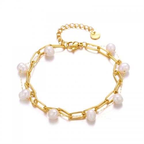 Perlen Armbänder, 304 Edelstahl, mit Natürliche kultivierte Süßwasserperlen, plattiert, für Frau, Goldfarbe, verkauft von PC