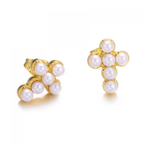 Stainless Steel Stud Earring, 304 Stainless Steel, with Plastic Pearl, plated, for woman, gold 