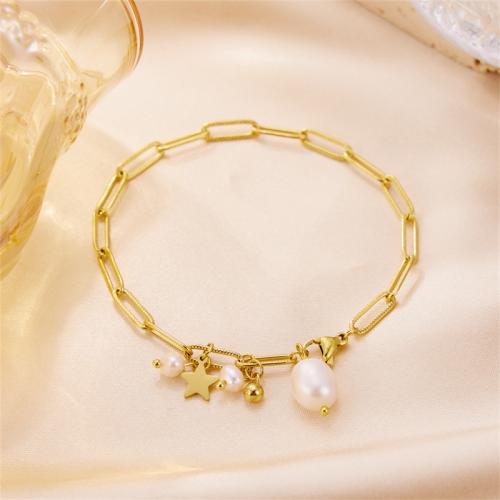 Stainless Steel Charm Bracelet, 304 Stainless Steel, with Plastic Pearl, plated, for woman, gold 