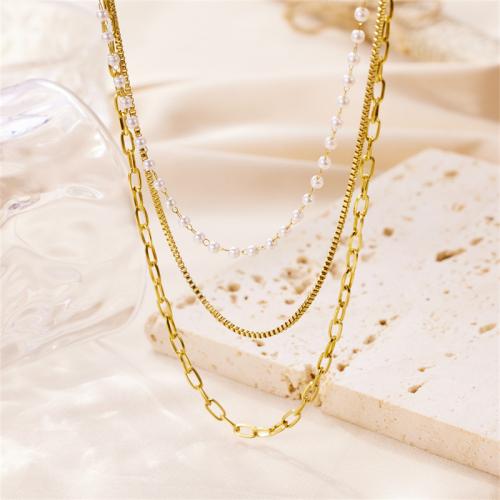 Mode-Multi-Layer-Halskette, 304 Edelstahl, mit Kunststoff Perlen, plattiert, für Frau, Goldfarbe, verkauft von PC
