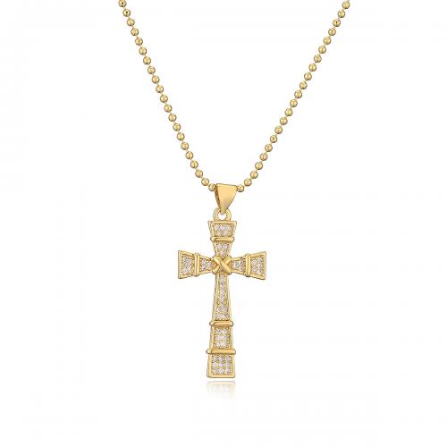 Cubic Zircon Micro Pave Brass Necklace, Cross, plated & micro pave cubic zirconia & for woman, golden 