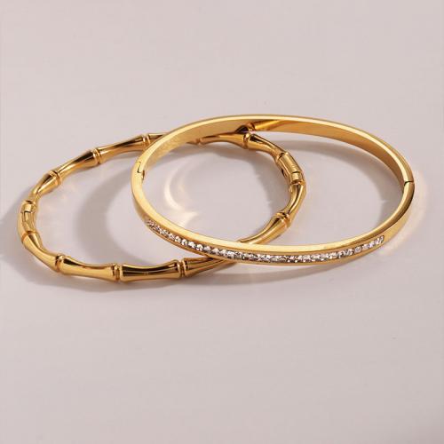Stainless Steel Bangle, 304 Stainless Steel, plated, 2 pieces & Unisex & with rhinestone, golden 