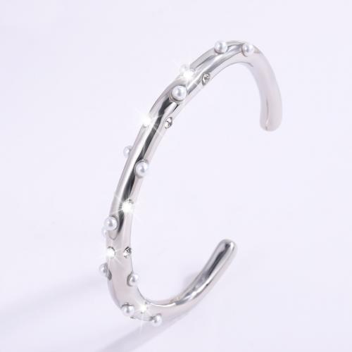 Stainless Steel Cuff Bangle, 304 Stainless Steel, with Plastic Pearl, plated, for woman & with rhinestone 
