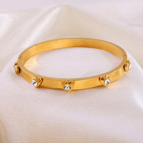 Stainless Steel Bangle, 304 Stainless Steel, plated, for woman & with rhinestone, golden 