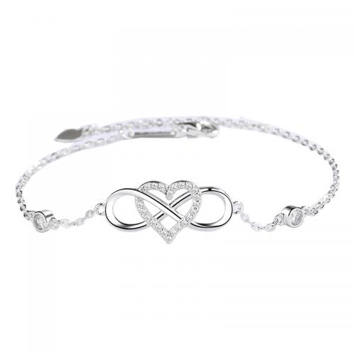 925 Sterling Silver Bracelet, with 1.6inch extender chain, Heart, platinum plated, micro pave cubic zirconia & for woman & hollow Approx 7 Inch [