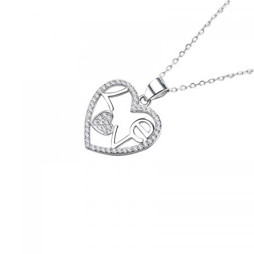 Cubic Zirconia Micro Pave Sterling Silver Pendant, 925 Sterling Silver, Heart, platinum plated & with letter pattern & for woman & with rhinestone & hollow 