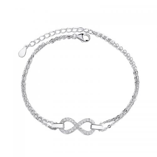 925 Sterling Silver Bracelet, with 1.2inch extender chain, Infinity, platinum plated, micro pave cubic zirconia & for woman & hollow Approx 6.7 Inch 