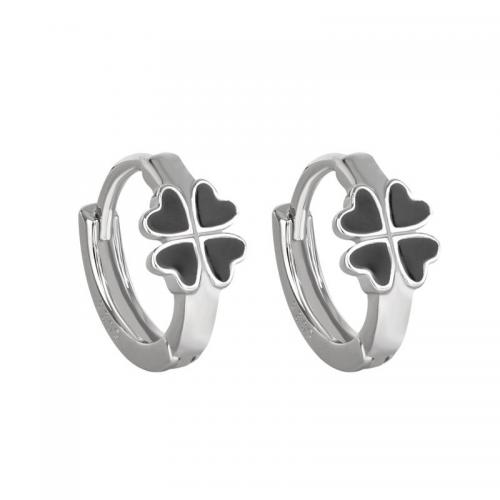 925 Sterling Silver Huggie Hoop Earring, Four Leaf Clover, platinum plated, for woman & epoxy gel [