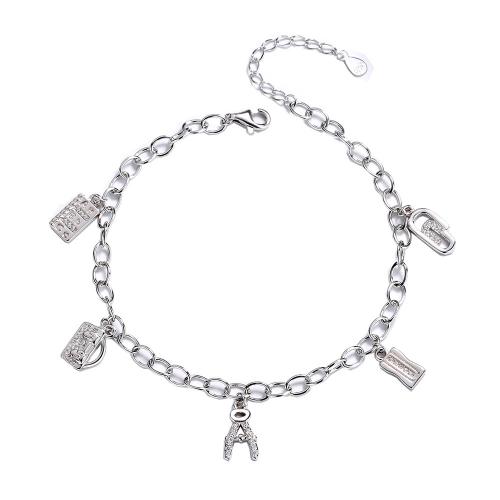 925 Sterling Silver Bracelet, with 1.2inch extender chain, Alphabet Letter, platinum plated, micro pave cubic zirconia & for woman Approx 6.7 Inch 
