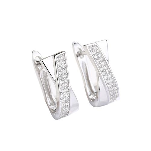 925 Sterling Silver Lever Back Earring, Geometrical Pattern, platinum plated, micro pave cubic zirconia & for woman 