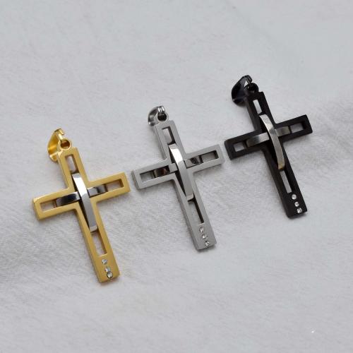Stainless Steel Cross Pendants, 304 Stainless Steel, Vacuum Ion Plating, fashion jewelry & DIY & with rhinestone & hollow [