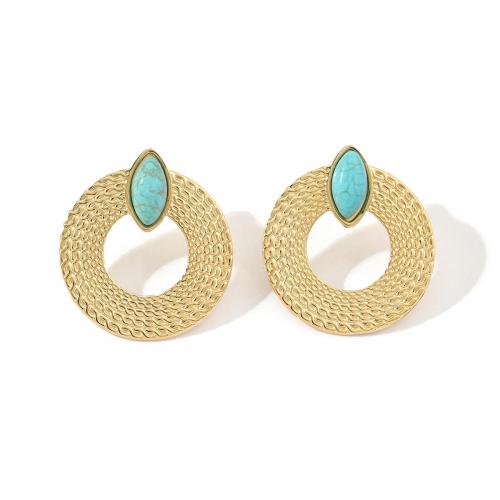 Titanium Steel Earrings, with Natural Turquoise, Round, Vacuum Ion Plating, fashion jewelry & for woman & hollow, blue 