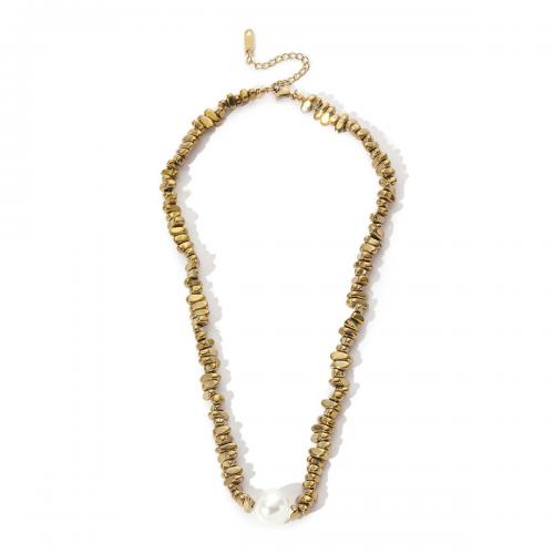 Titan Schmuck Halskette, Titanstahl, mit Kunststoff Perlen, rund, Vakuum-Ionen-Beschichtung, Modeschmuck & für Frau, goldfarben, Länge:ca. 44-50.5 cm, verkauft von PC