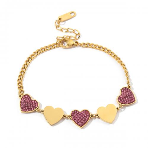 Titanium Steel Bracelet & Bangle, Heart, Vacuum Ion Plating, fashion jewelry & for woman & with rhinestone, purple Approx 18-23 cm 