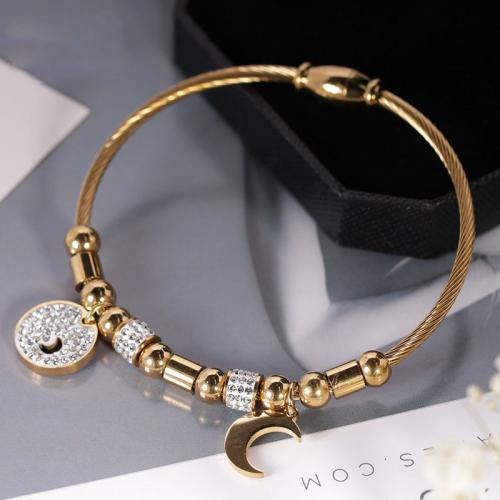 Stainless Steel  European Bracelets, 304 Stainless Steel, Moon, Vacuum Ion Plating, fashion jewelry & for woman & with rhinestone Approx 17 cm 