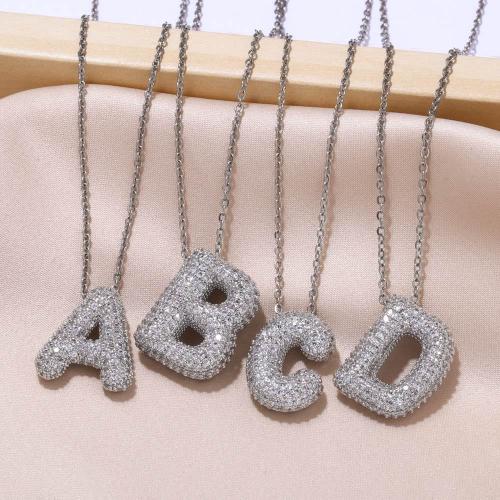 Cubic Zircon Micro Pave Brass Necklace, with 5cm extender chain, Alphabet Letter, plated, fashion jewelry & micro pave cubic zirconia, silver color cm 