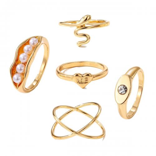 Zinc Alloy Ring Set, with Crystal & Plastic Pearl, 5 pieces & fashion jewelry & for woman, gold 